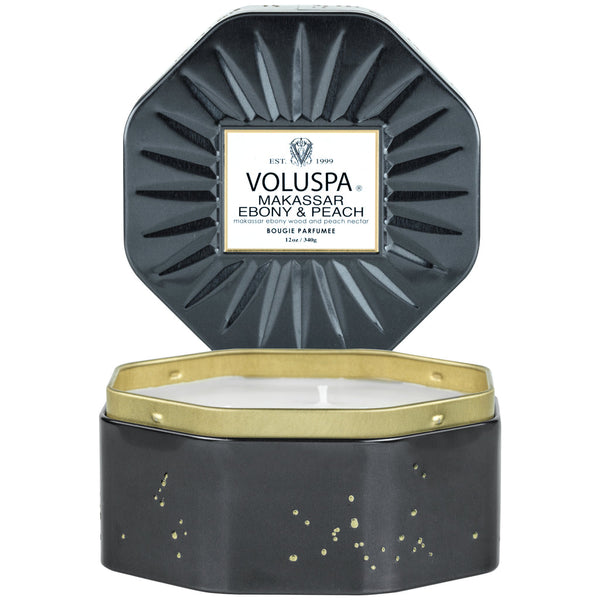 Voluspa Makassar Ebony & Peach 3 Wick Octagon Tin Candle