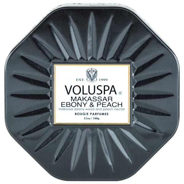 Voluspa Makassar Ebony & Peach 3 Wick Octagon Tin Candle