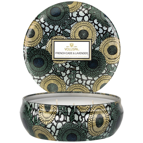 Voluspa French Cade & Lavender 3 Wick Candle in Decorative Tin